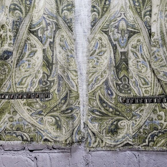 Chico's Embellished Heritage Tweed Jacket Green Frayed Trim Accent Size ? - Picture 7 of 14